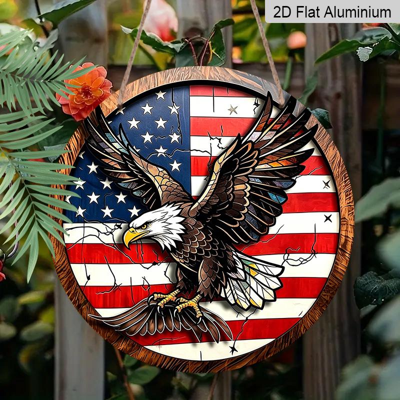 2D Flat Retro Round Aluminum Wall Hanging, Independence Day Flying Eagle Design, Indoor Outdoor Wall Decor, Home Commemorative Gift