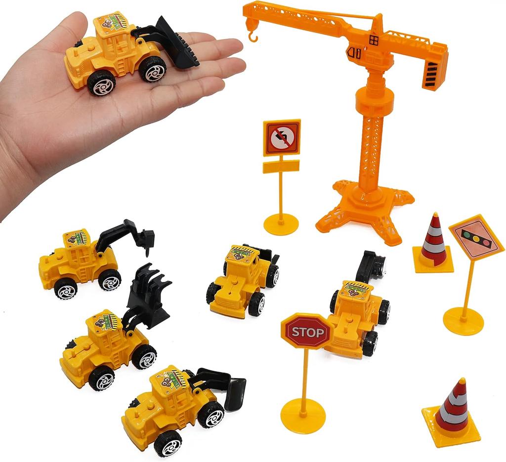 18 PCS Construction Cake Toppers Vehicles Cake Decoration Set Excavator Tower Crane Cupcake Topper Traffic and Road Sign Decor