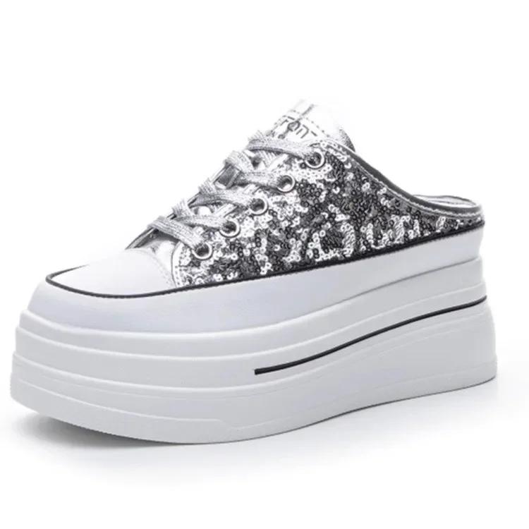 

Женские шлепанцы на платформе с высоким каблуком 7,5 см, массивные дышащие повседневные туфли, легкие и удобные, верх из блестящей ткани, новинка 39 серебряный