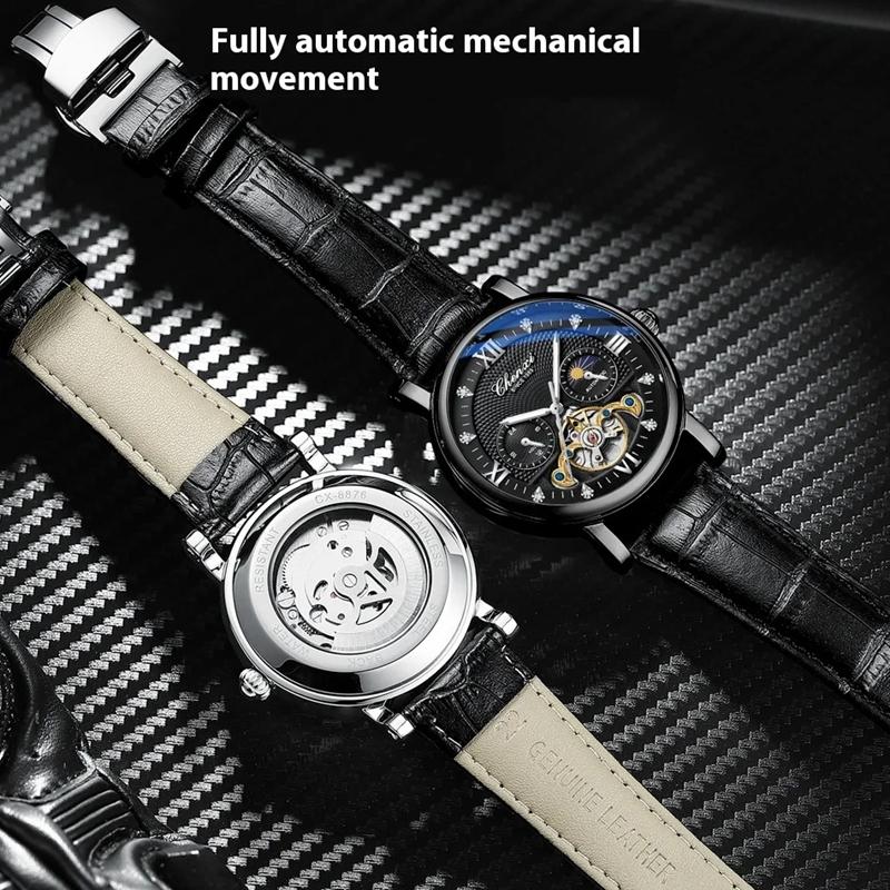 CHENXI Fashion Automatic Mechanical Watch Sun Moon Phase Tourbillon Waterproof Leather Strap Alloy Case Men's Watch