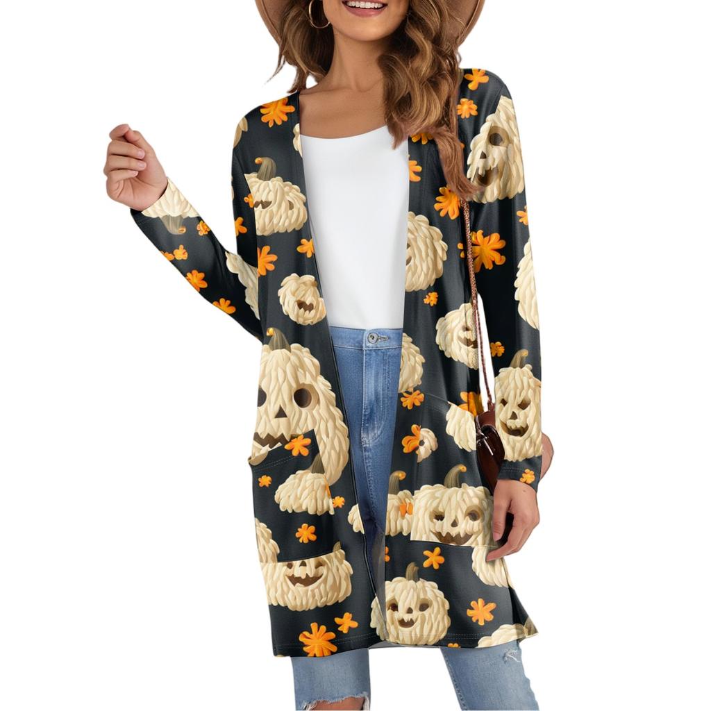 Women's Fashion Casual Comfortable Halloween Printed Mid-Length Cardigan With Pockets Jacket