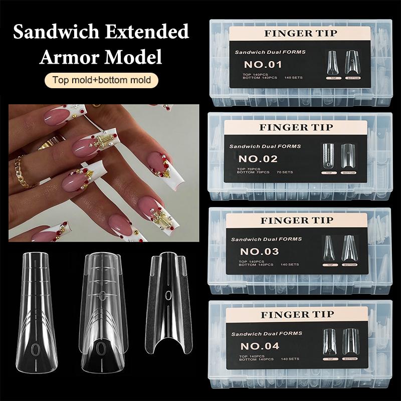 280Pcs Sandwich Dual Forms Nail Extension Upper Mold Coffin Almond Acrylic Top Bottom Molds 14 Sizes Nail Forms