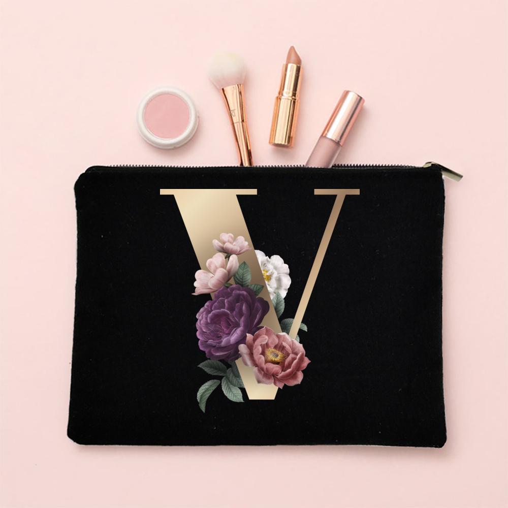 Alphabet Floral Makeup Bag Bridesmaid Maid of Honor Holiday Wedding Bachelorette Party Gift Canvas Cosmetic Zipper Storage Pouch