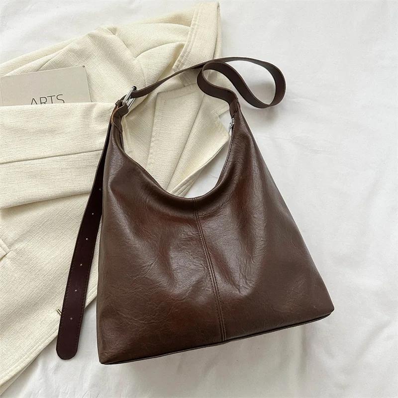 Popular Fashi Korean Versi Versatile Single Shoulder Underarm Bag, Commute Leather Handbag, Tote Bags Women's Zipper Closure