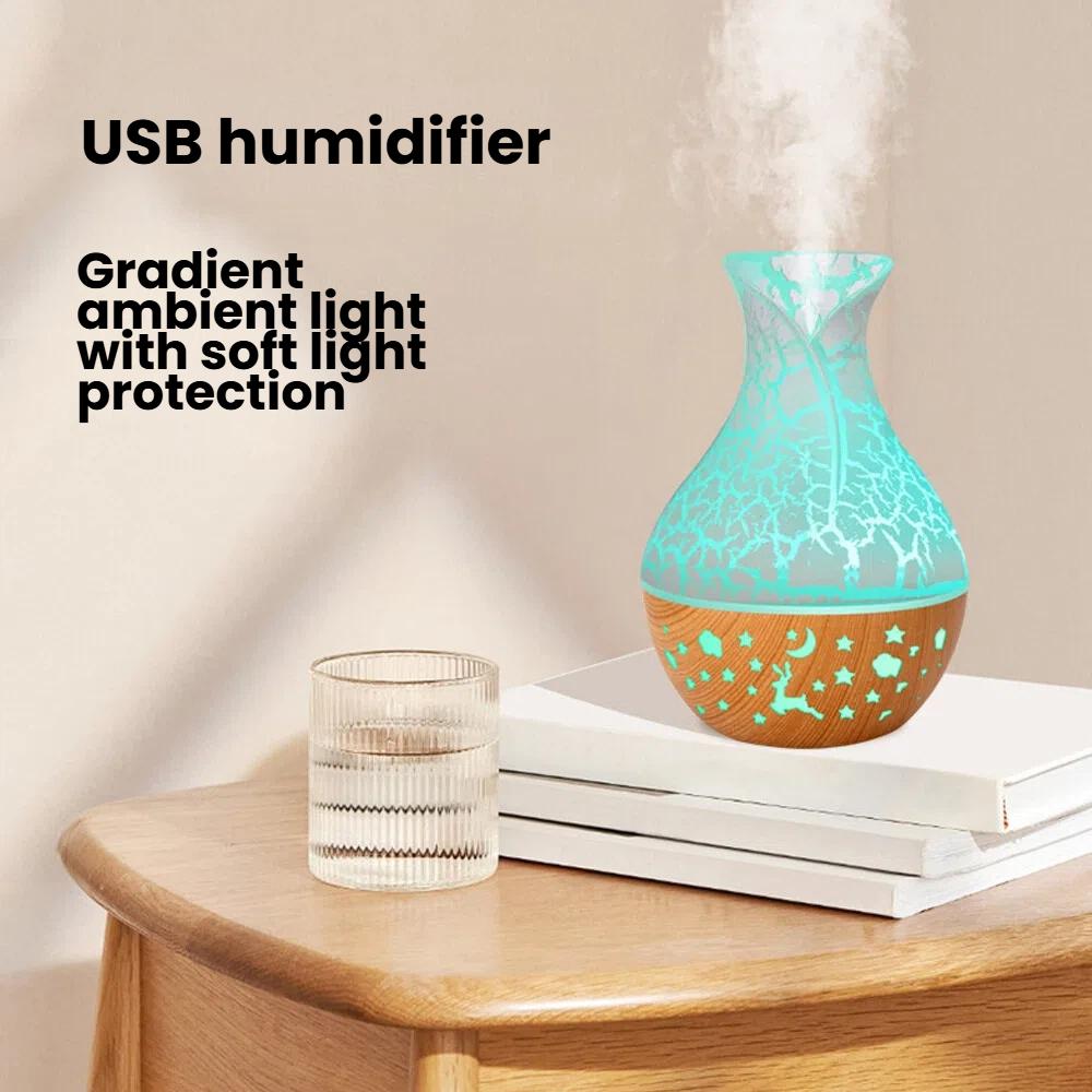 USB Direct Plug-In Wood Grain Flower Vase Humidifier with Colorful Atmosphere Light Spray Device Portable Cracked Wood Pattern