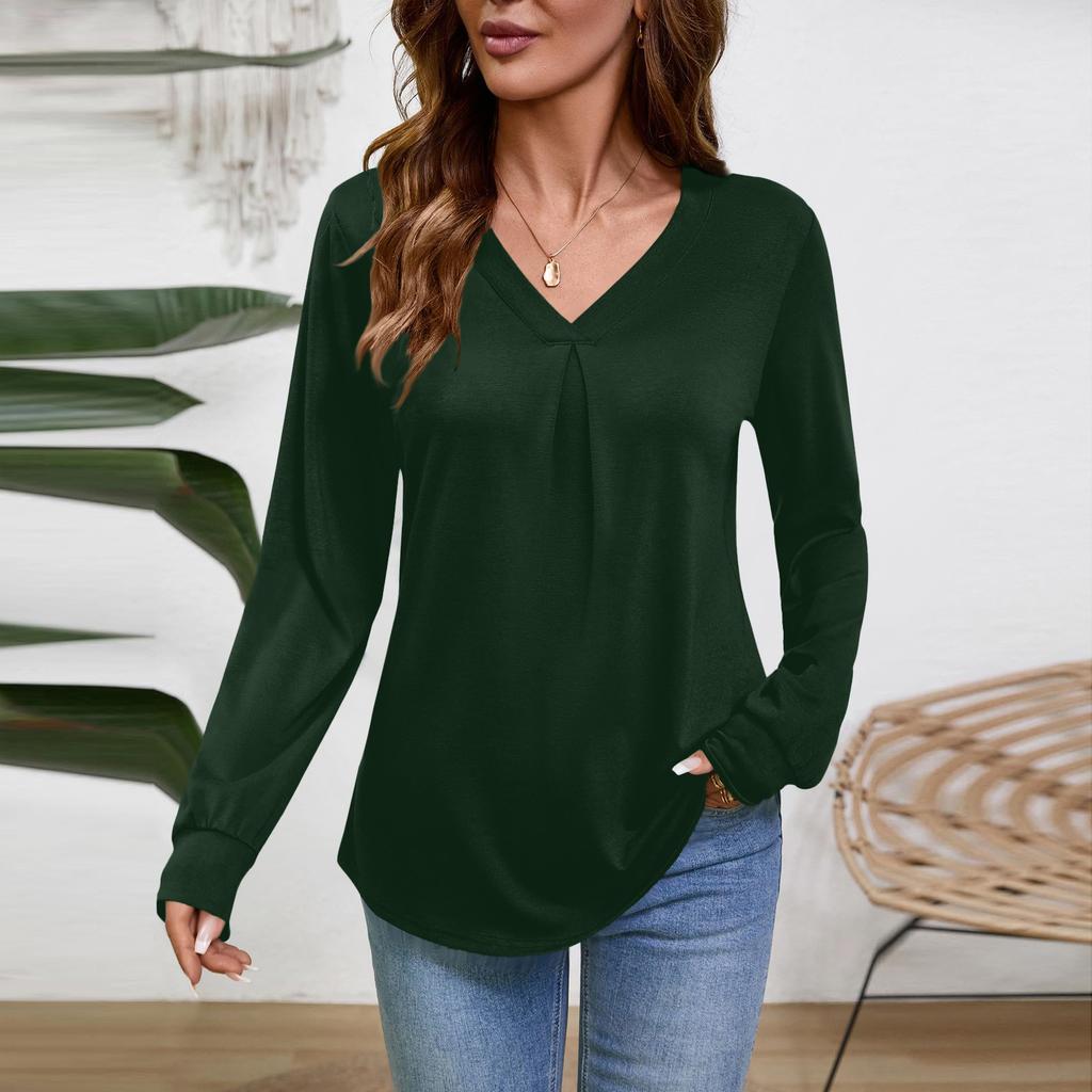 Damen Langarm V-Ausschnitt Bluse Business Casual Tunika Oberteil Locker Geschnitten Arbeitshemd
