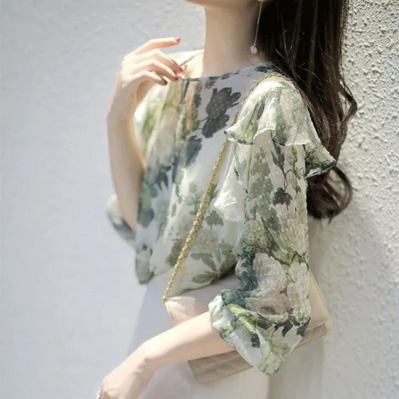 Women s Summer Green Floral Print Ruffle Hem Chiffon Blouse M зелёный