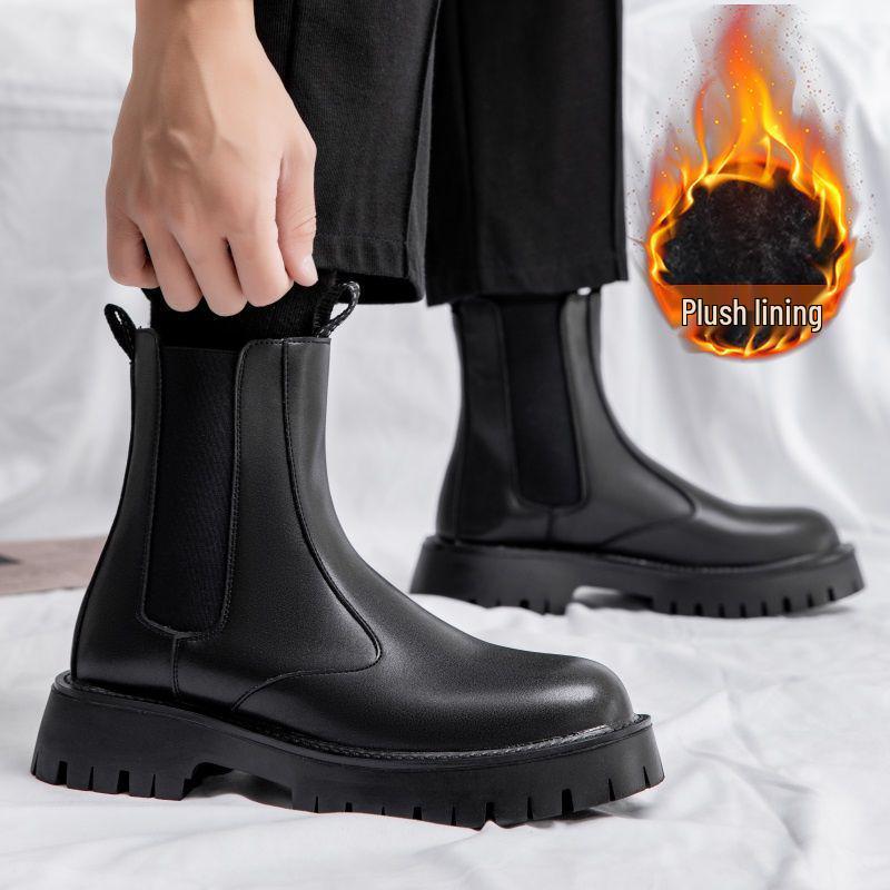 Men's Waterproof Black Leather Chelsea Boots – Winter, Non-Slip, High-Top, British Style.