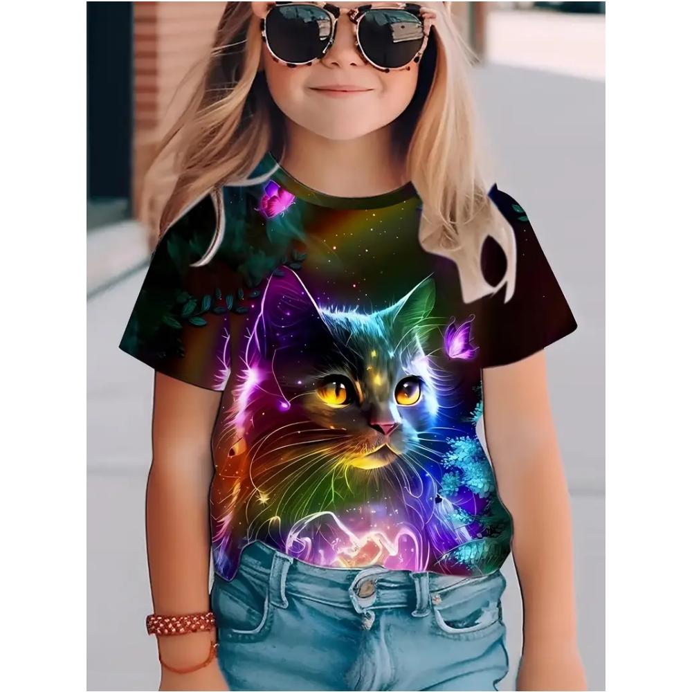 Kids Girls Clothes Cute Cat 3D Print Summer Short Sleeves Graphic Outdoor Children Cute Style
