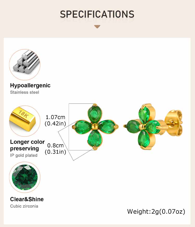 Heart Flower Emerald Green Zircon Stud Earrings Stainless Steel 18K PVD Gold Plated Tarnish Free Tiny Piercing Jewelry