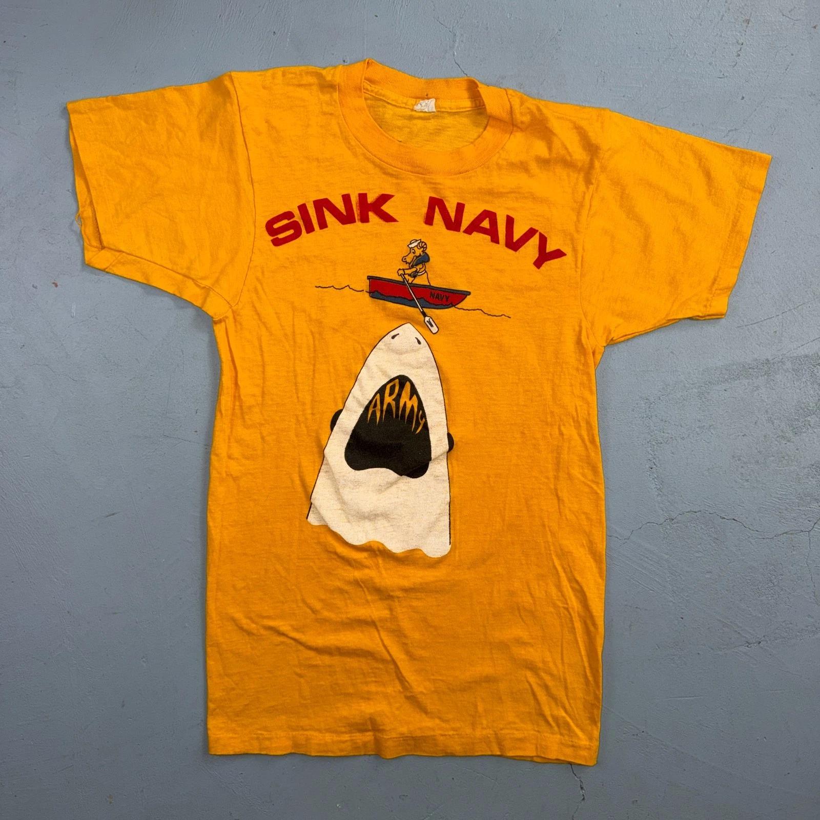 

Sink Navy 1970s USN Army VTG T Shirt Yellow Jaws Shark Spoof Movie Rockabilly M