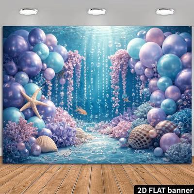2D Blue Purple Ocean Banner, Underwater Balloon Mermaid Party Photo Booth Background