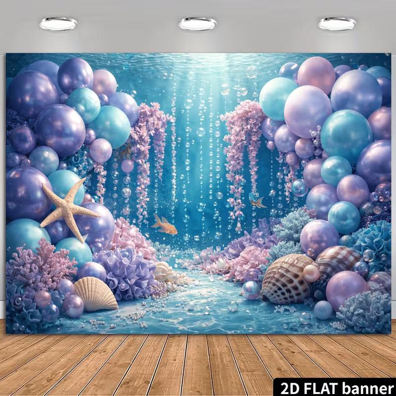 2D Blau Lila Meeresbanner, Unterwasserballon Meerjungfrauenparty Fotokabine Hintergrund