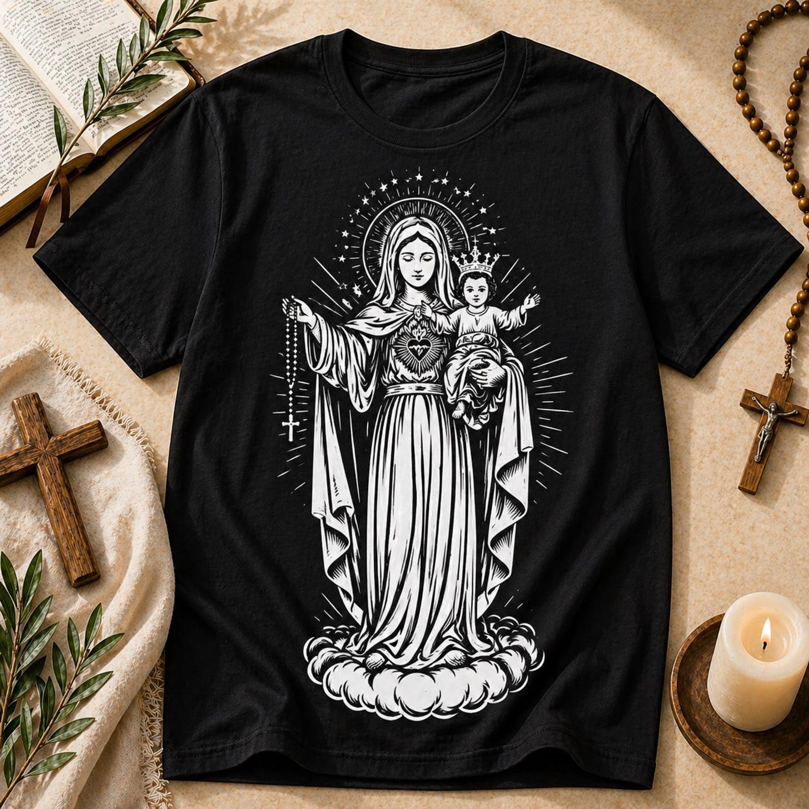 Virgin Mary Sacred Heart Shirt – Madonna Graphic Tee, Christian Faith Apparel L