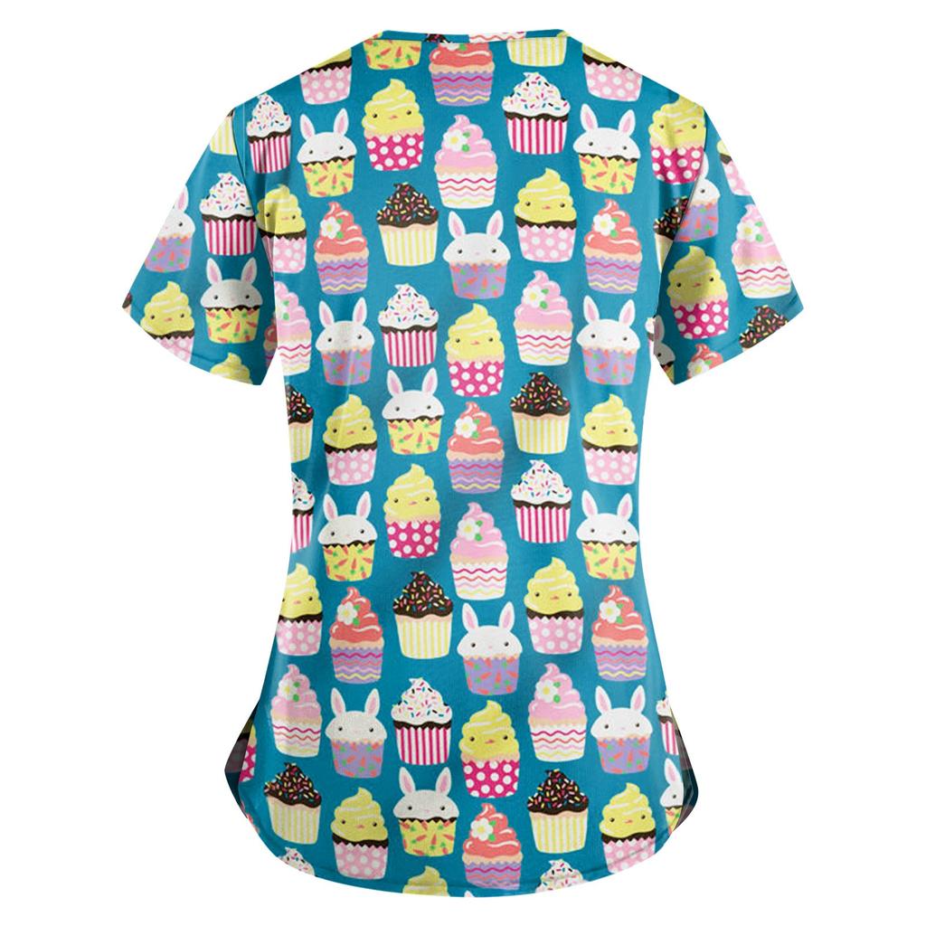 Women's Fashion V-neck Short Sleeve Workwear With Pockets Printed Tops