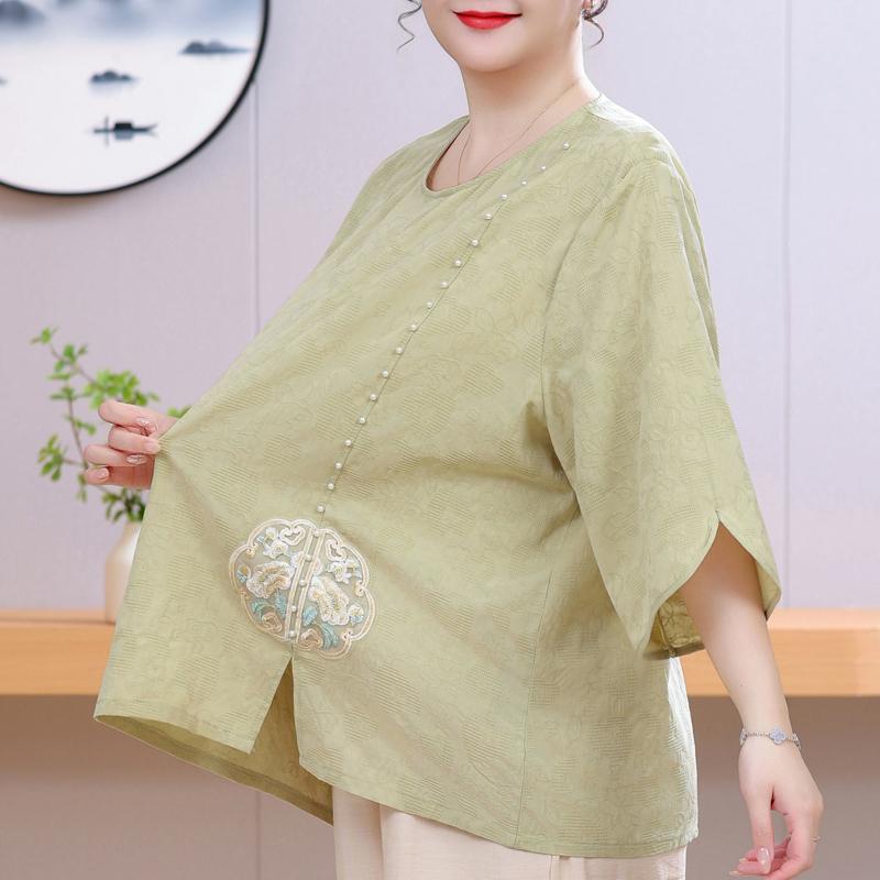 Women's Plus Size Chinese Embroidery Top – 3/4 Sleeve Round Neck Textured Blouse (Sizes 3XL-8XL) for Middle-Aged Ladies