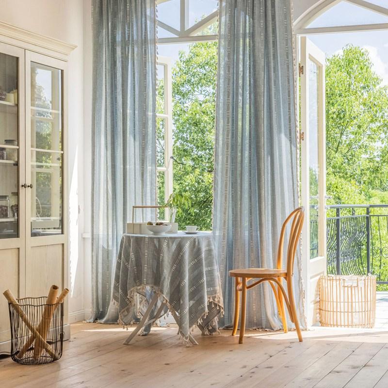 

Polyester Cotton Plain Striped Embroidery with Tassel Window Curtain Semi-shading Drapes for Living Room Bedroom Kitchen Valance W140 x H45cm&Threading Rod