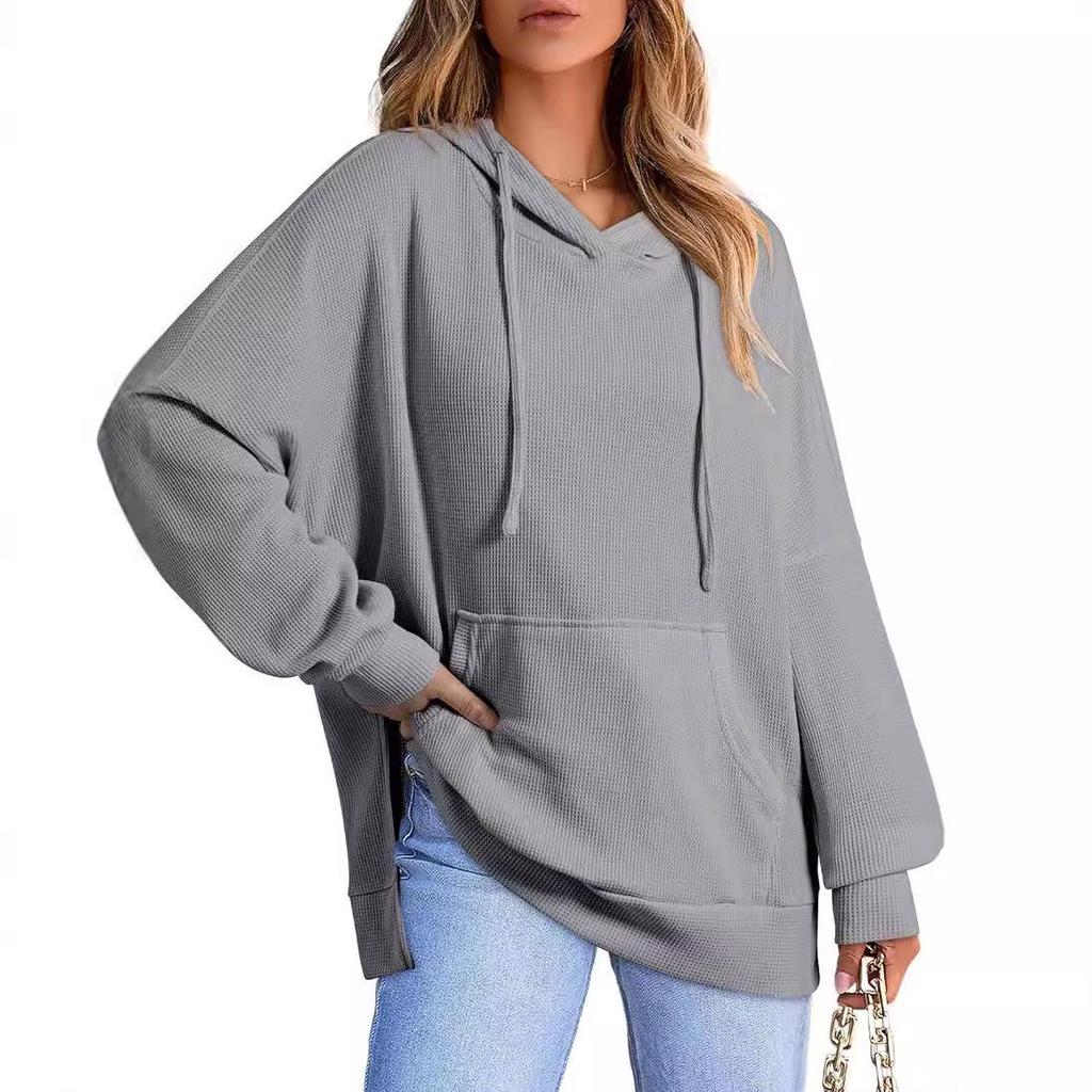 2024 Women's Hooded Waffle Knit Pullover Sweatshirt with Pocket, Long Sleeve, Autumn/Winter