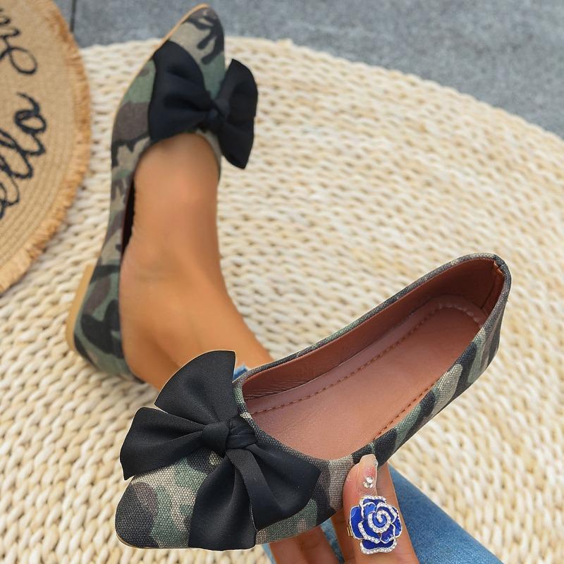 Fashion Autumn New Flat Single Shoes Women's Fashion Pointed Head Shallow Mouth Camouflage Cloth Butterfly Knot Low Top Shoes
