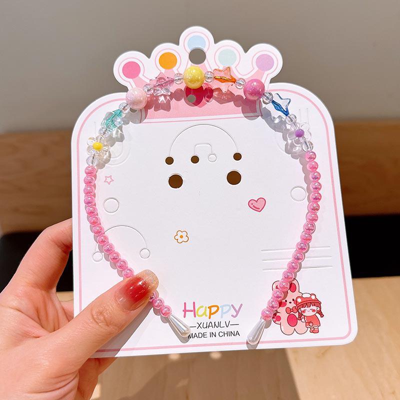 Colorful Pearl Necklace and Jewelry Set: Beaded Bracelet, Cartoon Headband, Earrings - Princess Accessories for Girls