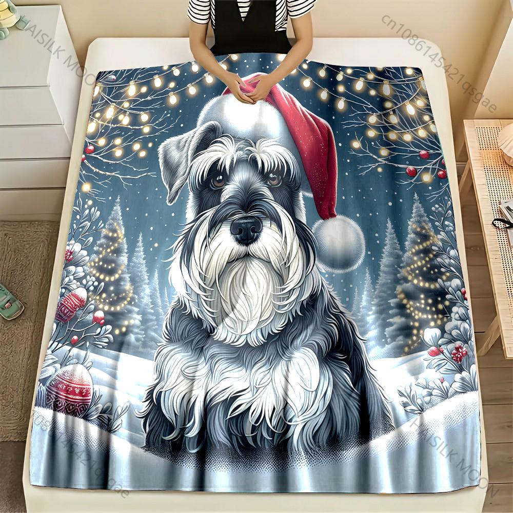 Christmas Lights Schnauzer Print Blanket Flannel Material Soft Warm for All Seasons, Home Outdoor Camping Picnics Luxury Gifts