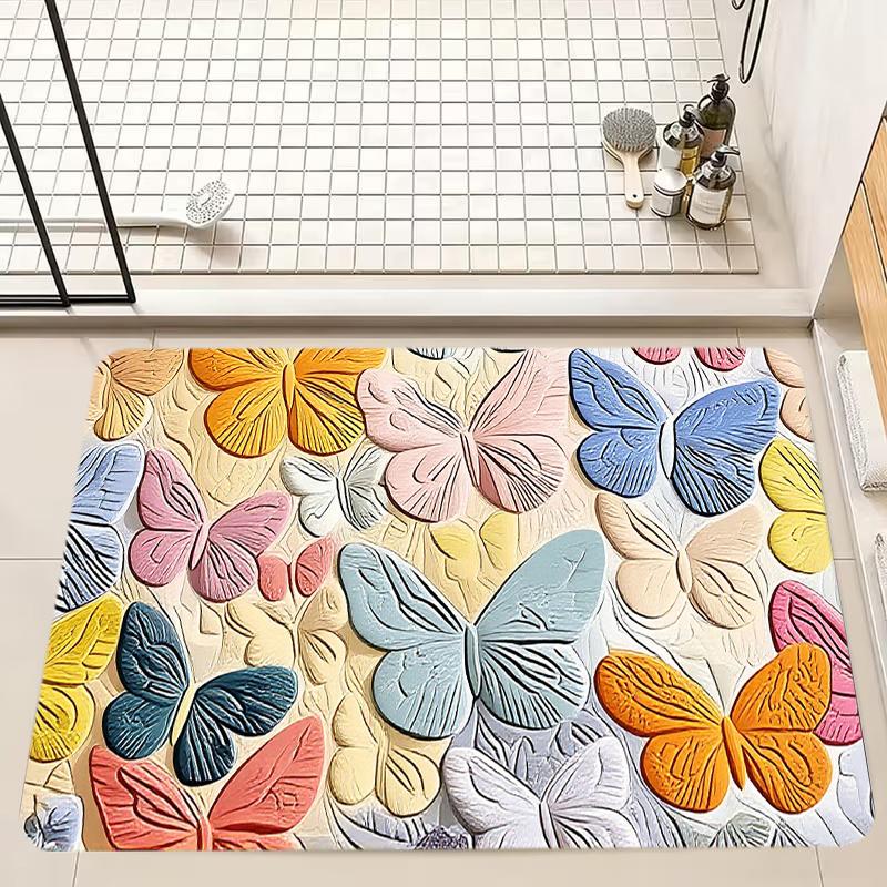 3D Butterfly Pattern Anti Slip Bathroom Mat Soft Flannel Rug Machine Washable Area Carpet for Bedroom and Living Room