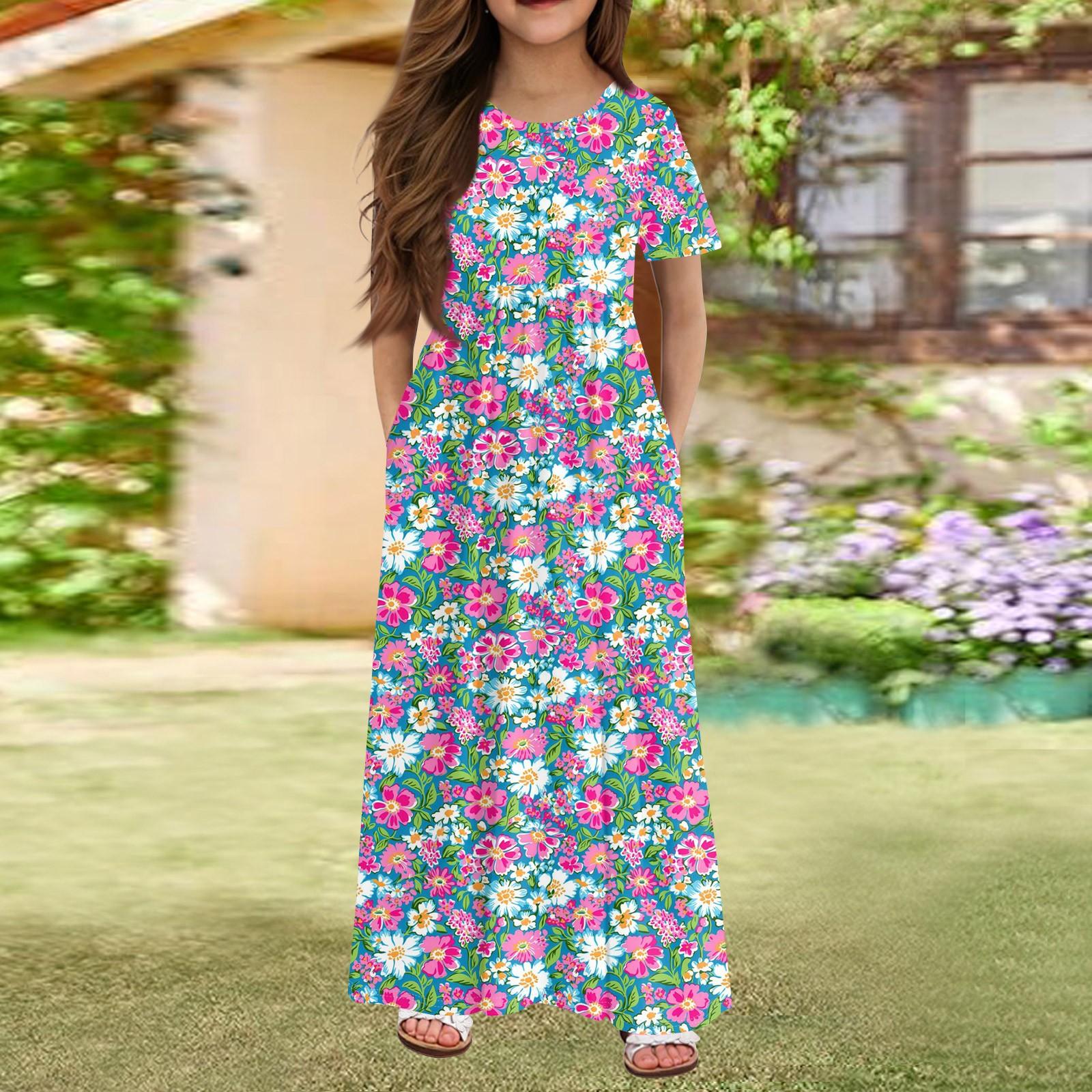 

Girls Long Summer Dress - Short Sleeve Pocket Maxi Dress For 4-14Y 160