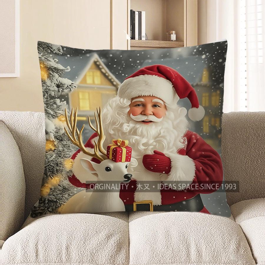 Home Decor Santa & Deer Christmas Pillow Cover Design Pattern Cushion Cover Suitable For Sofa Bedroom Car Pillow Cover
