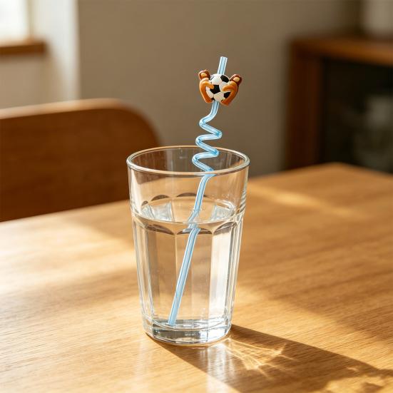 2Pcs Soccer Theme Spiral Straws, PET Reusable Curved Drinking Straws with Football Charm, World Mug Party Beverage Decor