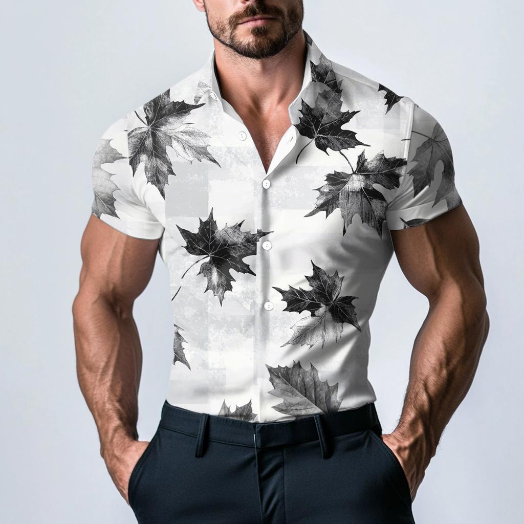 Pánská módní tištěná saténová košile s krátkým rukávem
