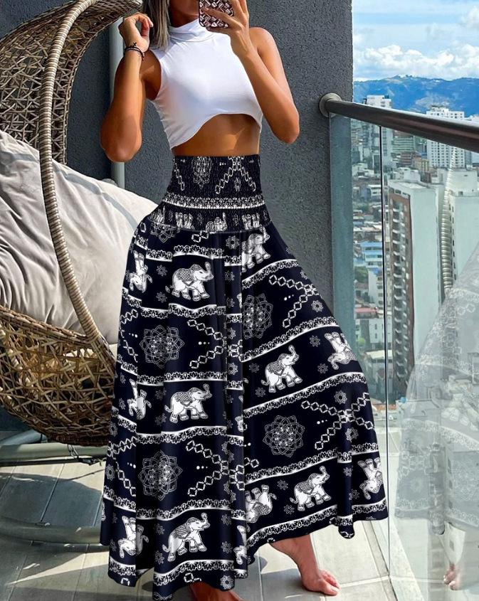 2024 Retro Floral Print Waist-Cinching Wide-Leg Pants for European and American Women