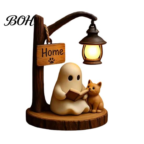 Statua Fantasma che Legge un Libro Statuetta di Halloween, Lampione Stradale Illuminato a LED Statuetta Spettrale in Resina, Decorazione da Tavolo Gatto per Festa di Compleanno Cartone Animato
