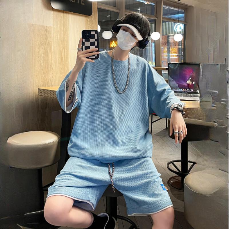 Waffle Suit Men's Summer Short-sleeved Fashion Loose T-shirt Shorts Casual Sports Suit