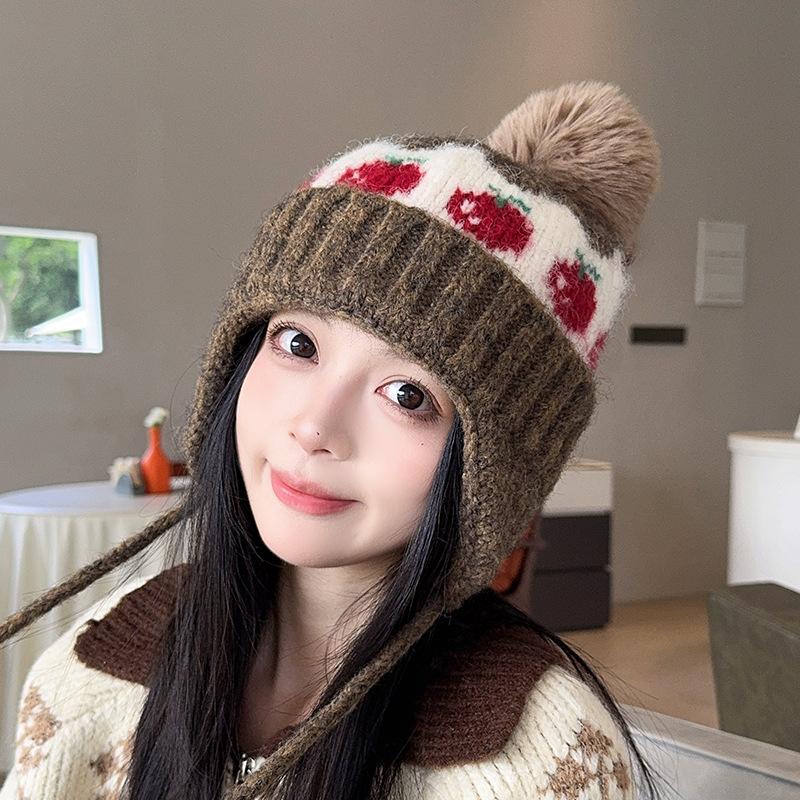 Autumn and Winter New Fair Isle Style Hat for Women Wool Ball Ear Protection Woolen Hat  Small Face  Warm Knitted Cold Hat  Trendy