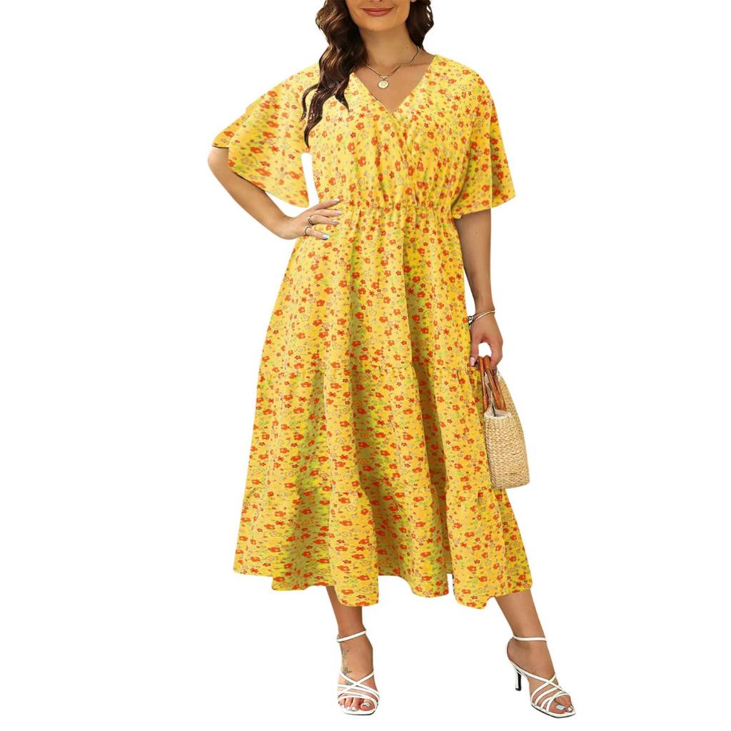Plus Size Women's Floral V Neck Flare Short Sleeve Midi Dress Casual Waist Cinching Slimming Dress With Pocket