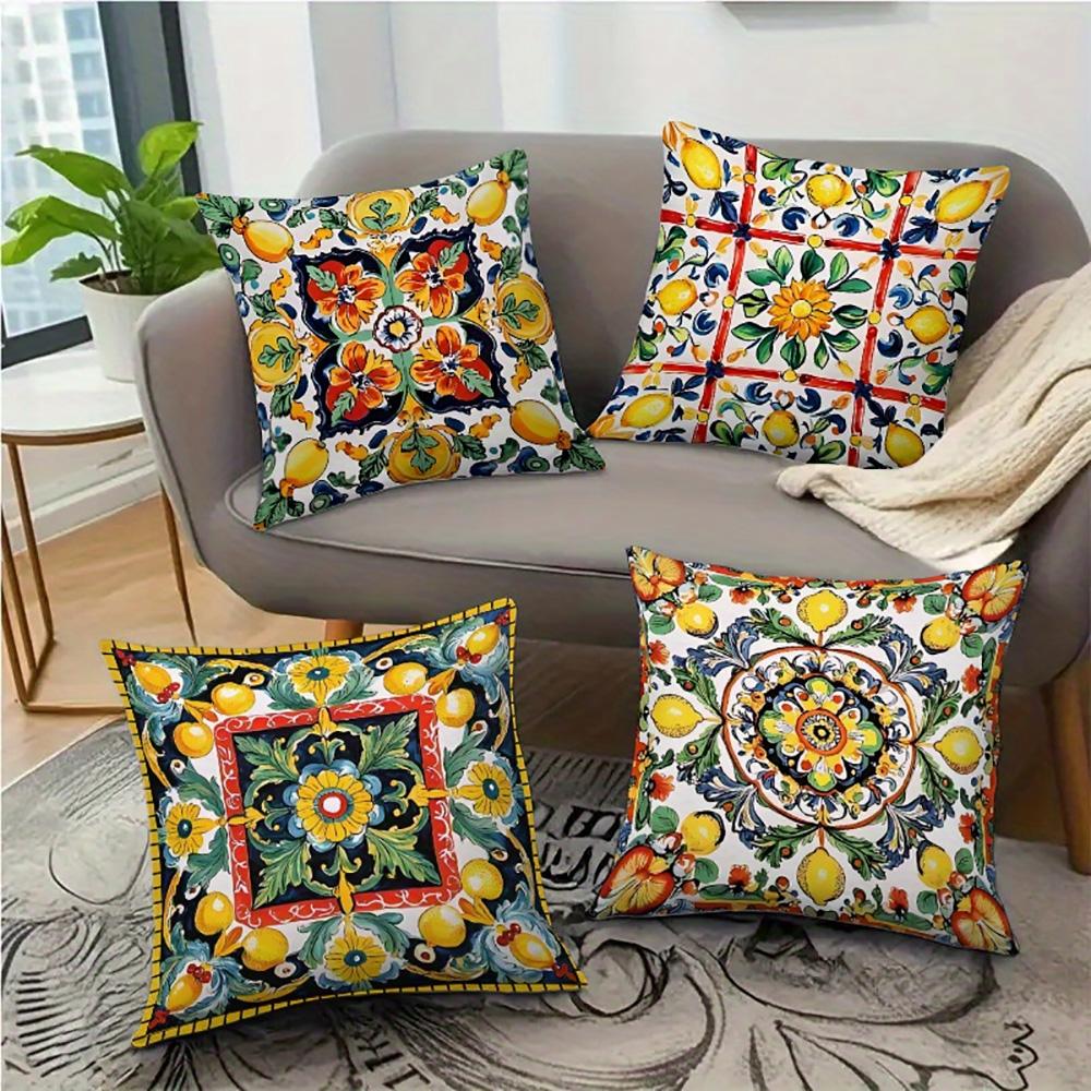 1/4pcs 2D Flat- Bohemian Sicilian Lemon Floral Throw Pillow Cover Home farmhouse outdoor decoration cushion cover