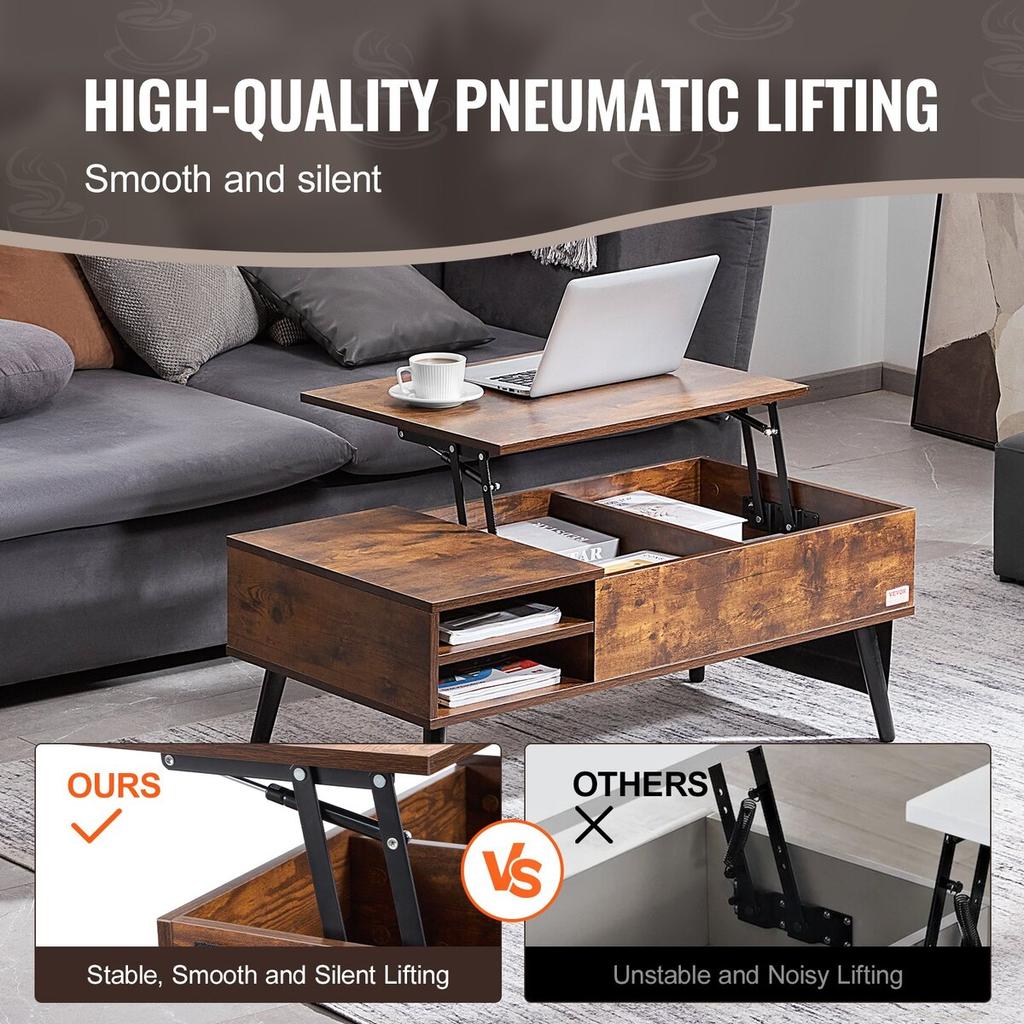 Lift Top Coffee Table 39.4 In Rectangle Coffee Table for Living Room Brown