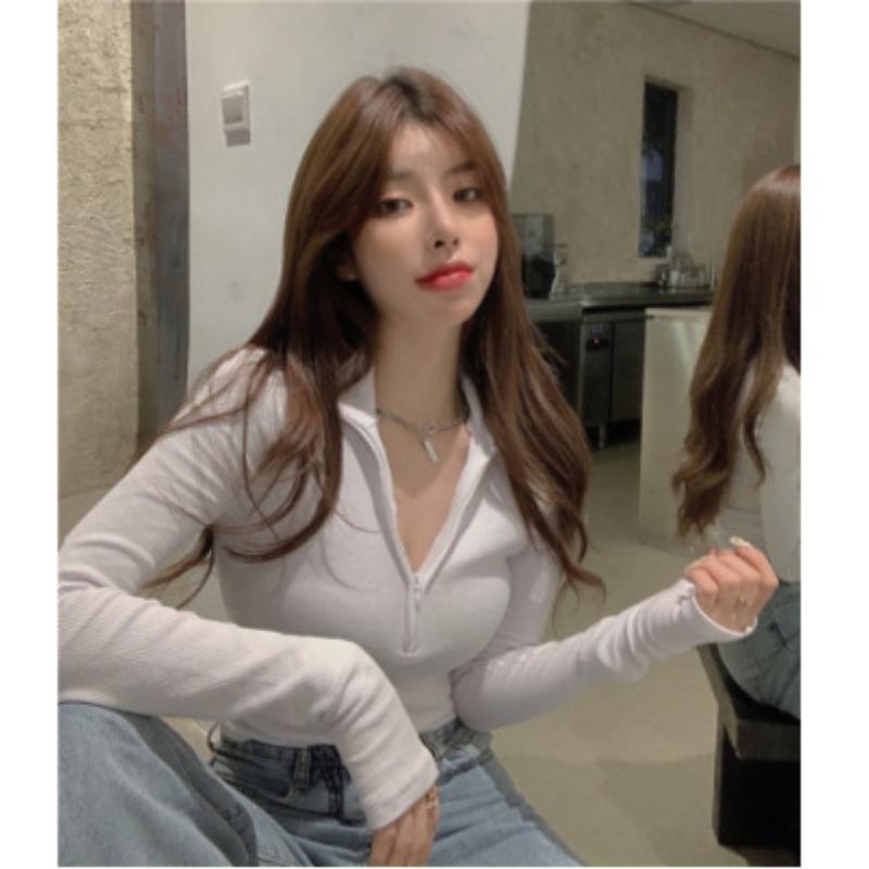 New Base Shirt Female Autumn Winter Korean Version Long-sleeved T-shirt Half Zipper Slim Sexy Inside with Short Crop Top Trend