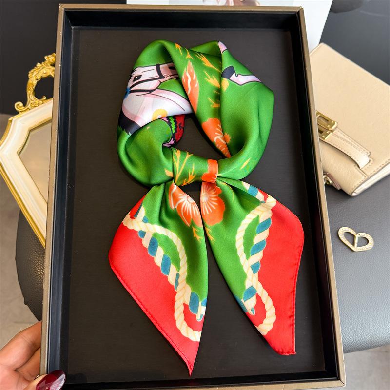 Floral Printed Silk Like Square Scarf For Women Summer Sun Protection