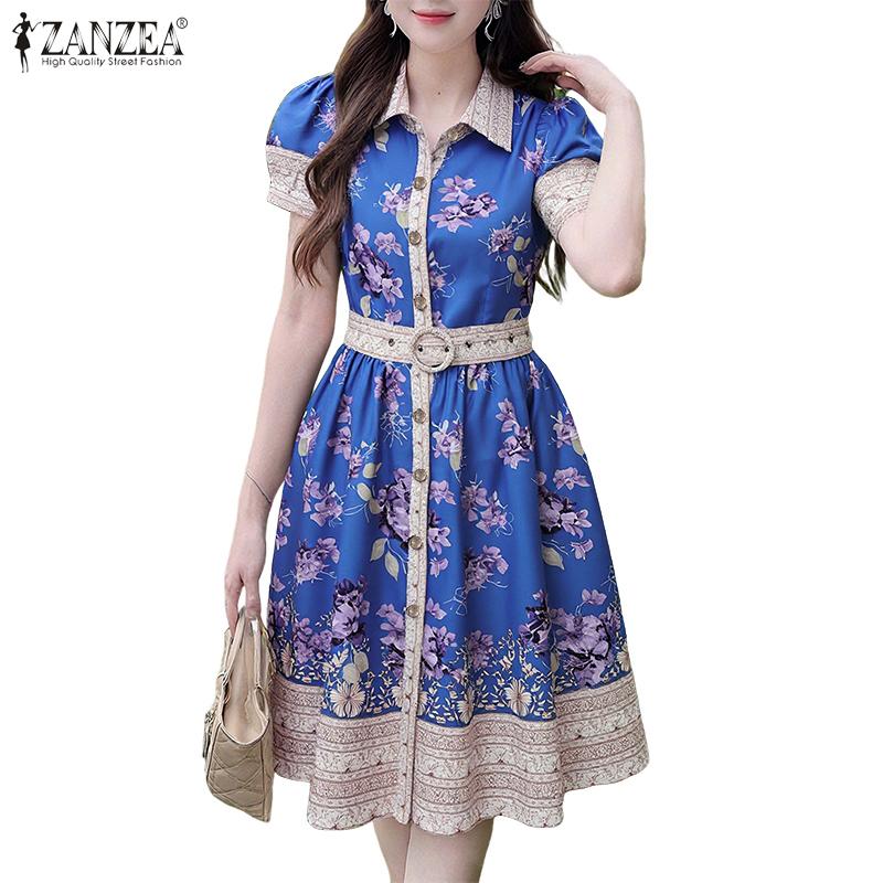 ZANZEA Women Turn Down Collar Summer Short Sleeve Casual Print Dress