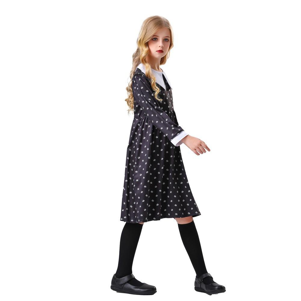 New Children's Girls Halloween Adams Costume Party Stage Costume Long Black Dress