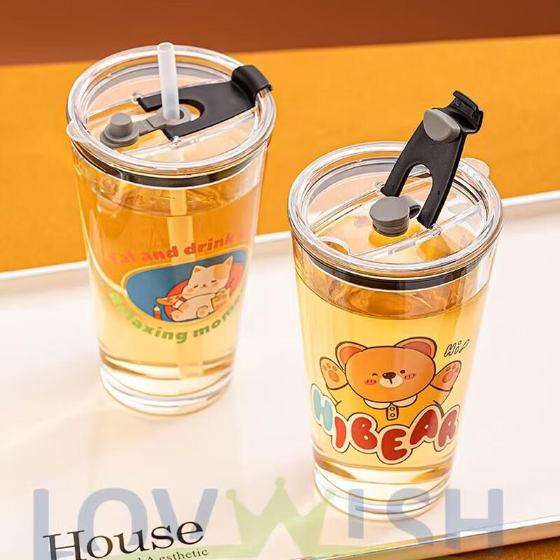 LoveWish Cartoon Glas Milchkännchen mit Strohhalm 440ml