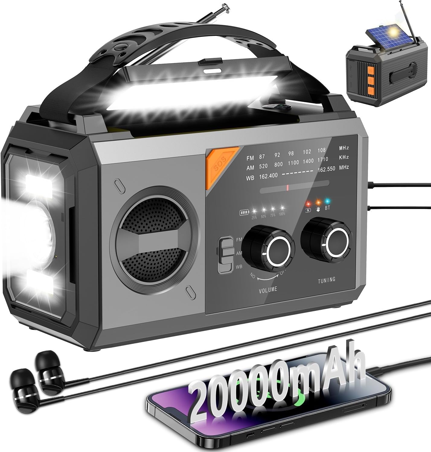 

[Сертифіковане METI, Велика ємність 20 000 мАг] Радіо з ручним приводом на сонячній батареї з підтримкою AM/FM, зарядкою Type-C, зарядкою смартфона, Bluetooth 5.3,