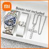 Xiaomi 3PCS Luxury Stainless Steel Men Business Watches Rhinestone Jewelry Set Calendar Quartz Wristwatch Relogio Masculino(Without Box