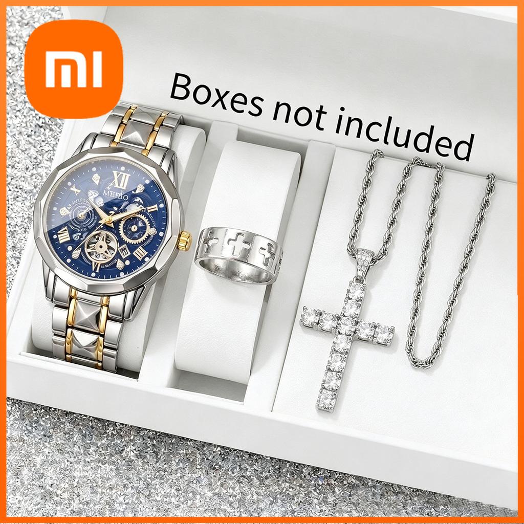 Xiaomi 3PCS Luxury Stainless Steel Men Business Watches Rhinestone Jewelry Set Calendar Quartz Wristwatch Relogio Masculino(Without Box