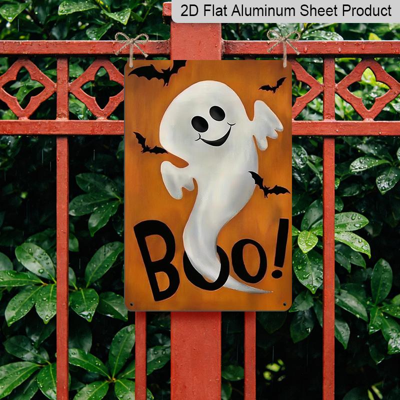 2D Flat Boo Cute Ghost Bat Orange Background Metal Sign - 8.0x12.0inch Aluminum Wall Art, Funny Halloween Front Porch Farmhouse Decor, Pre-Drilled