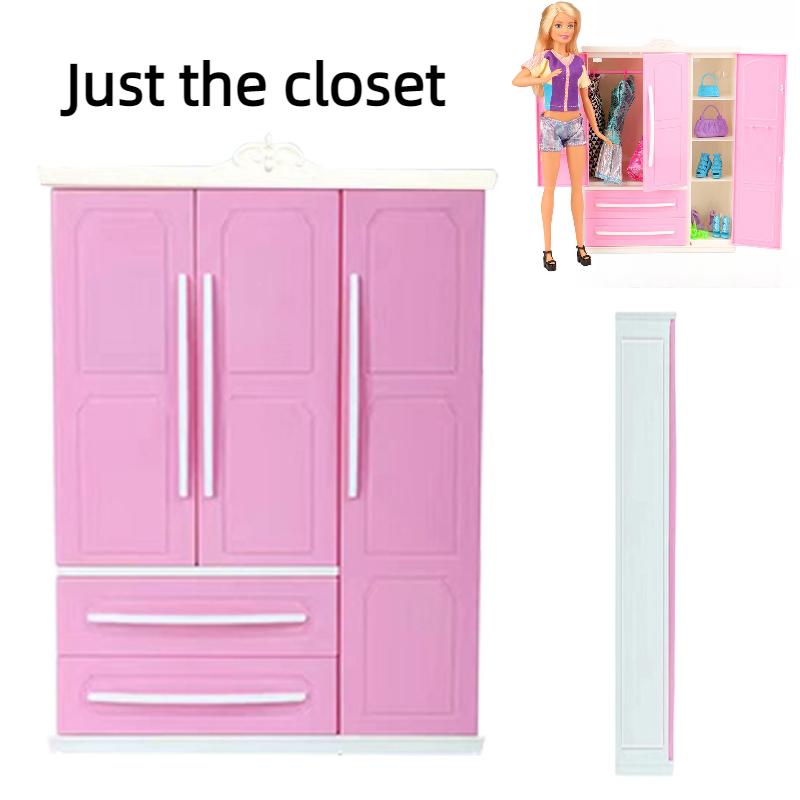 Doll Wardrobe Barbie Toys Threedoor Furniture Plastic Clothes Cabinet Storage