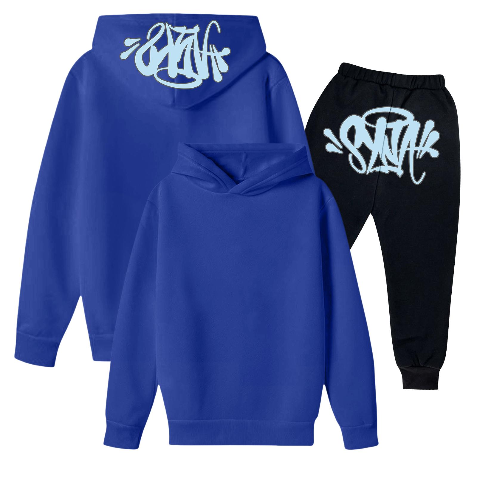 

Kids Long Sleeve Loose Pullover Letter Print Drawstring Hooded Sweatshirt Set 120 синій