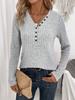 Women Long Sleeve Knit Top Casual Ribbed Button Detail Pullover Sweater Soft Stretchy Lightweight Jumper