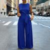 Womens Sleeveless Jumpsuit Wide Leg Casual Solid Color Round Neck Belted Waist Tie One Piece Romper
